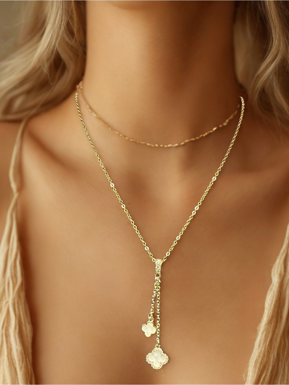 💛La Boutique Du Collier💛Double Layer Four-Leaf Clover Pendant Necklace/NIB